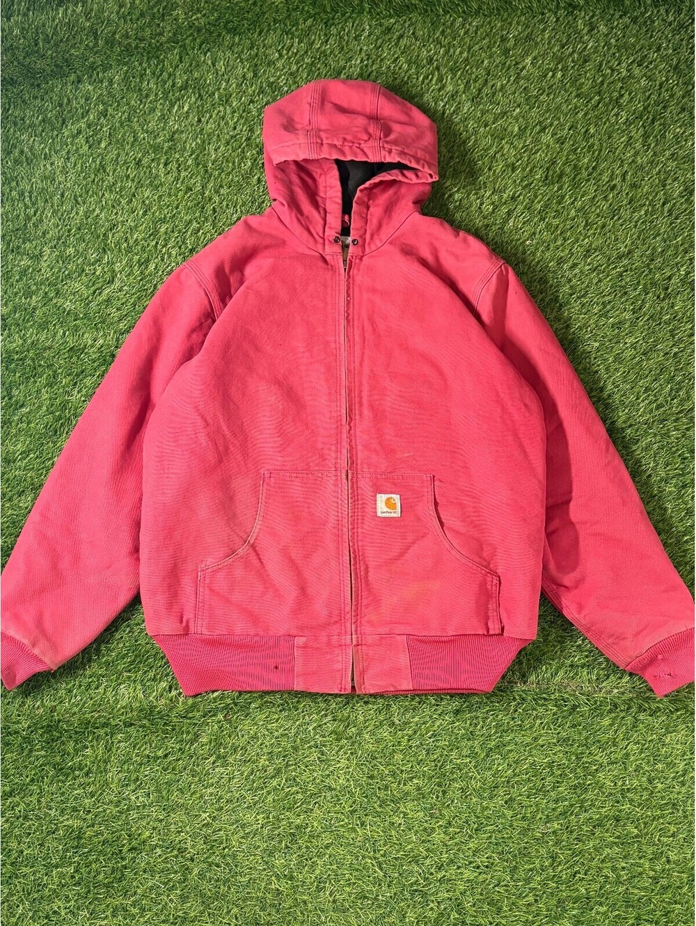 Rare Vintage Carhartt Quilted Lined Hooded Jacket Salmon Cotton Unisex Large
